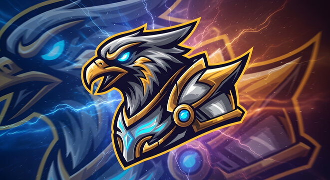 Dynamic eagle mascot logo with electric energy and golden armor for gaming or esports teams seeking a powerful visual identity
