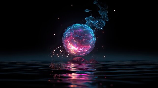 Ethereal plasma orb hovering over water, glowing with vibrant pink and blue energy, a stunning display of cosmic power and mystery