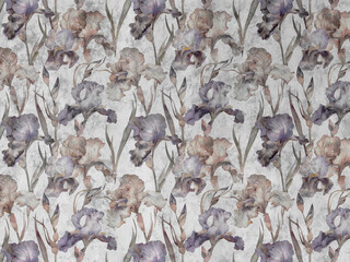 Beautiful irises on a concrete background. Illustration for wallpaper, poster, decoration	
