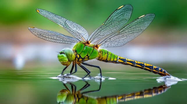 Dragonfly with green body resting on water surface