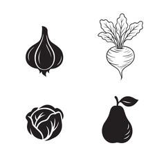 Hand drawn silhouette of vegetable set of garlic cabbage radish and pear