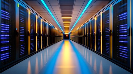 Server room displaying network racks storing digital data
