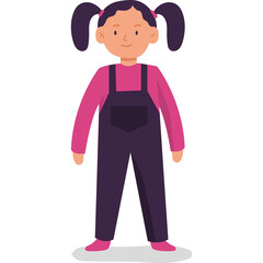 Young Girl With Pigtails Wearing A Pink Long Sleeved Shirt And Dark Purple Overalls Standing On A White Background