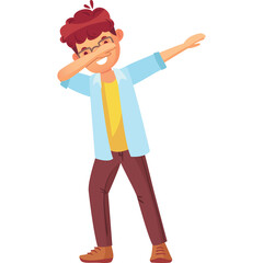 Young Man Dabbing With Red Hair And Glasses Wearing A Blue Shirt And Yellow T Shirt With Brown Pants And Shoes Indoors With White Background