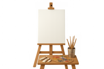 Art easel with blank canvas, painting palette, brushes, and paint tubes on clear transparent background