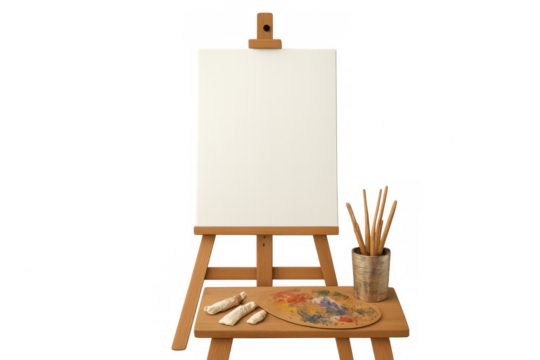 Art easel with blank canvas, painting palette, brushes, and paint tubes on clear transparent background
