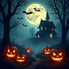 Halloween illustration of a spooky mansion under a full moon with bats and lit pumpkins. This image was successfully submitted to Adobe Stock.