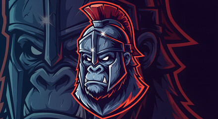 Fierce Spartan gorilla warrior mascot logo design with glowing red outline, exuding raw power and ancient strength for gaming esports or brand identity