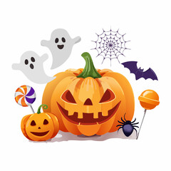 Halloween Scene with Pumpkins, Ghosts and Sweets