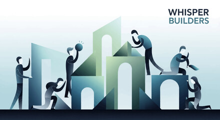 Illustration de personnes construisant une structure abstraite, avec le texte "Whisper Builders".