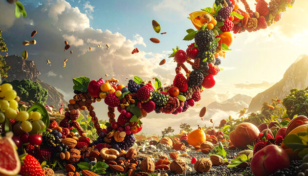 Artistic DNA helix made from fresh fruits, nuts, and seeds symbolizing nutrition, genetics, and natural wellness. A creative concept linking healthy food to human biology and longevity science