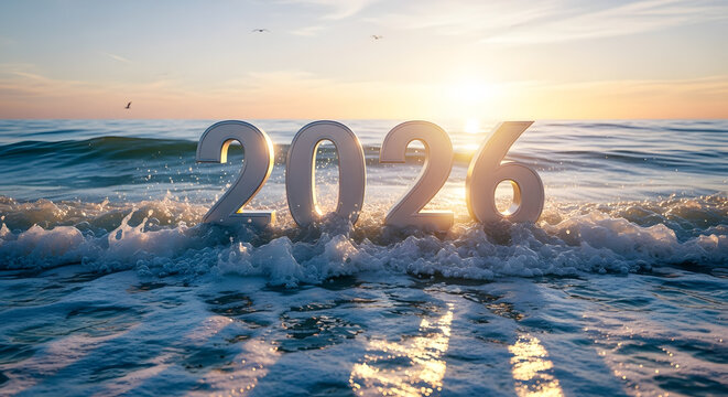 Spectacular sunrise over the ocean with the year 2026 emerging from water