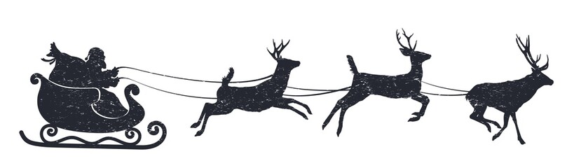 Christmas sleigh with Santa, reindeer, and gifts.
