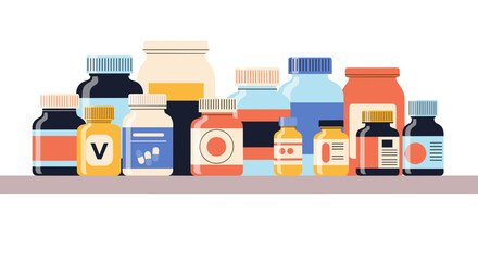 Assorted vitamin bottles displayed on a shelf in various colors  