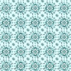 A vibrant Thai-inspired floral pattern featuring geometric diamond shapes with lotus and leaf motifs in vivid red, pink, and coral tones on a deep blue background. The design blends traditional Thai a