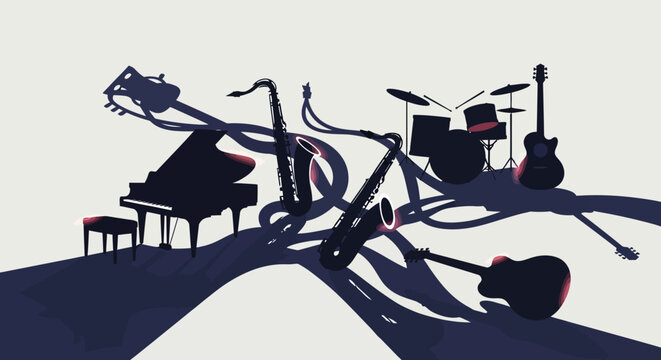 Image d'instruments de musique vari&eacute;s, incluant un piano, une batterie, des guitares et un saxophone, dispos&eacute;s de mani&egrave;re artistique.