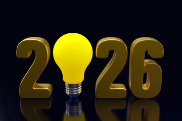 2026 golden year number with glowing light bulb replacing zero