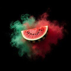 Vibrant and Juicy Watermelon Slice Exploding with Dynamic Red and Green Powder Clouds Against a Deep Black Background, Highlighting Freshness and Energy