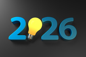2026 blue year number with glowing light bulb replacing zero