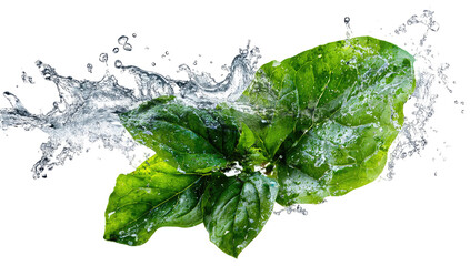 Fresh, vibrant green leaves caught mid-motion, surrounded by a splash of clear, invigorating water