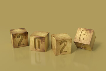 Wooden cubes showing the year 2026 approaching on a gold background