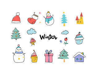 Cute Winter Doodle Icons Set, Hand Drawn Christmas and Holiday Vector Illustrations