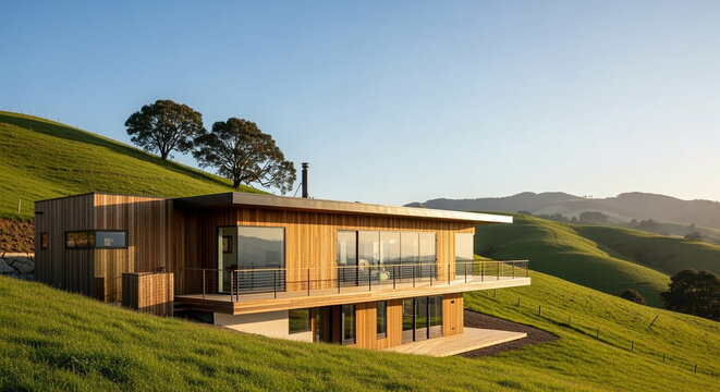 Modern Wood-Clad Hillside Home with Balcony Overlooking Lush Green Countryside at Golden Hour