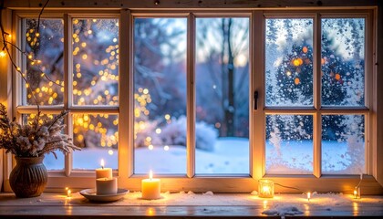 Naklejka premium 窓越しに見えるフェアリーライトとキャンドルの温かな灯り