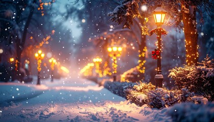 夕暮れ時の街を照らす街灯とクリスマス装飾が、雪の降る中で温かく輝く屋外シーンです。
青みがかった空とオレンジの光が織りなす美しいコントラストが、映画のような情緒を演出。
冬の静けさとホリデーの温もりが融合した、ロマンチックで幻想的なビジュアル。