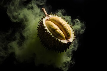 Exotic Durian Fruit, The King of Fruits, Half-Opened to Reveal Golden Creamy Flesh, Surrounded by Ethereal Green Smoke on a Dramatic Dark Background