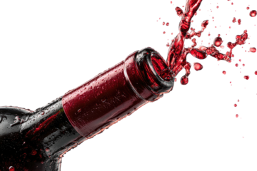 A bottle of red wine pours liquid, creating a splash against a dark background
