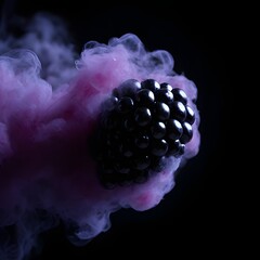 Dramatic Close-Up of Fresh Blackberries Engulfed in Swirling Purple and Pink Smoke on a Dark Background