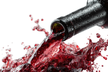 Close-up of a dark-colored bottle pouring a stream of rich, red liquid with splash