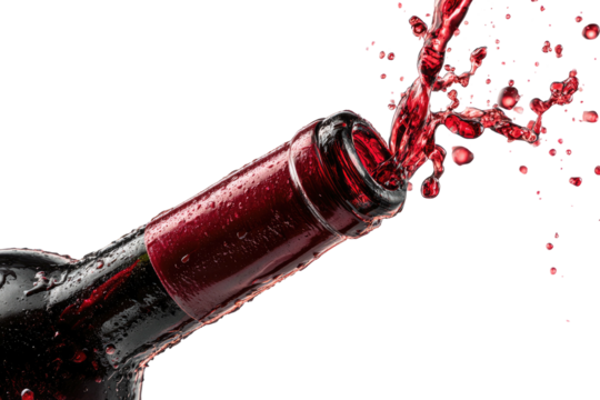 A bottle of red wine pours liquid, creating a splash against a dark background