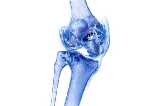 A close-up, side profile of a human knee, rendered in shades of blue