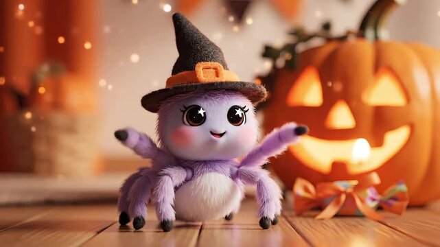 Cute Halloween spider wearing a witch hat with a carved pumpkin in the background festive holiday decoration