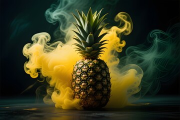 Vibrant Tropical Pineapple Emerges from a Dynamic Swirl of Golden Yellow and Emerald Green Smoke on a Dark, Moody Background