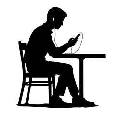 Young man sitting at table listening to music on smartphone  