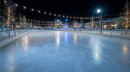 Outdoor ice rink at night. Ice skating rink illuminated at night with festive string lights  