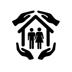 Hands protecting a couple standing in a house icon design  