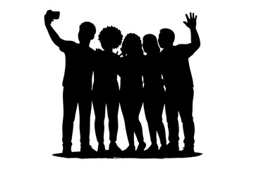 Group of friends taking selfie in silhouette against white background  