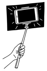 Hand holding a smartphone on a selfie stick with dynamic background  