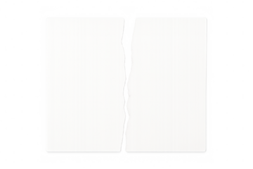 Separating paper sheet showing torn blank white halves, splitting concepts, breaking connections, transparent background