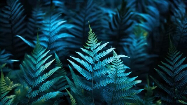 Enchanting blue and green ferns growing in a dark forest, a seamless natural pattern for jungle background footage