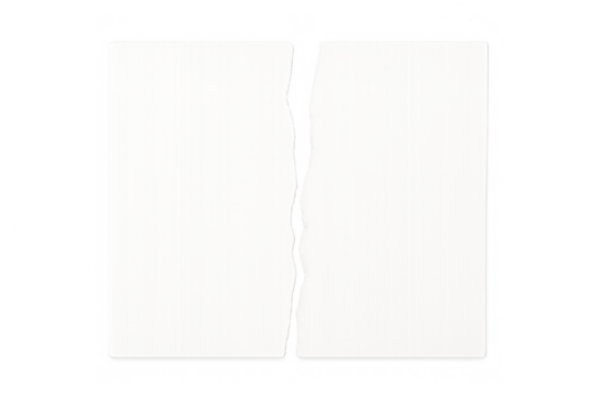 Separating paper sheet showing torn blank white halves, splitting concepts, breaking connections, transparent background