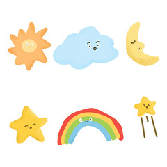 Set of cute doodle nature icons. Cartoon weather and seasons clip art collection. Vector sun, cloud, rainbow, moon and star for kids illustration.