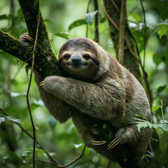 Fototapeta premium Three-Toed Sloth Hanging on Tree Branch in Tropical Rainforest