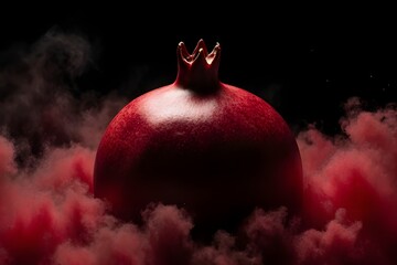 Vibrant Red Pomegranate Emerges from Mystical Crimson Smoke on a Dramatic Dark Background