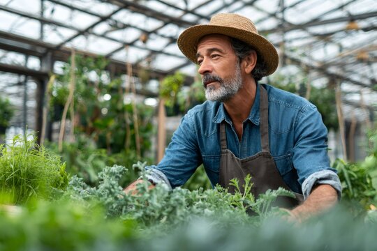 Senior farmer tending plants in greenhouse