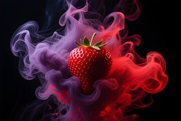 Vibrant Red Strawberry Emerging from Swirling Mystical Purple and Red Smoke on a Dark Abstract Background